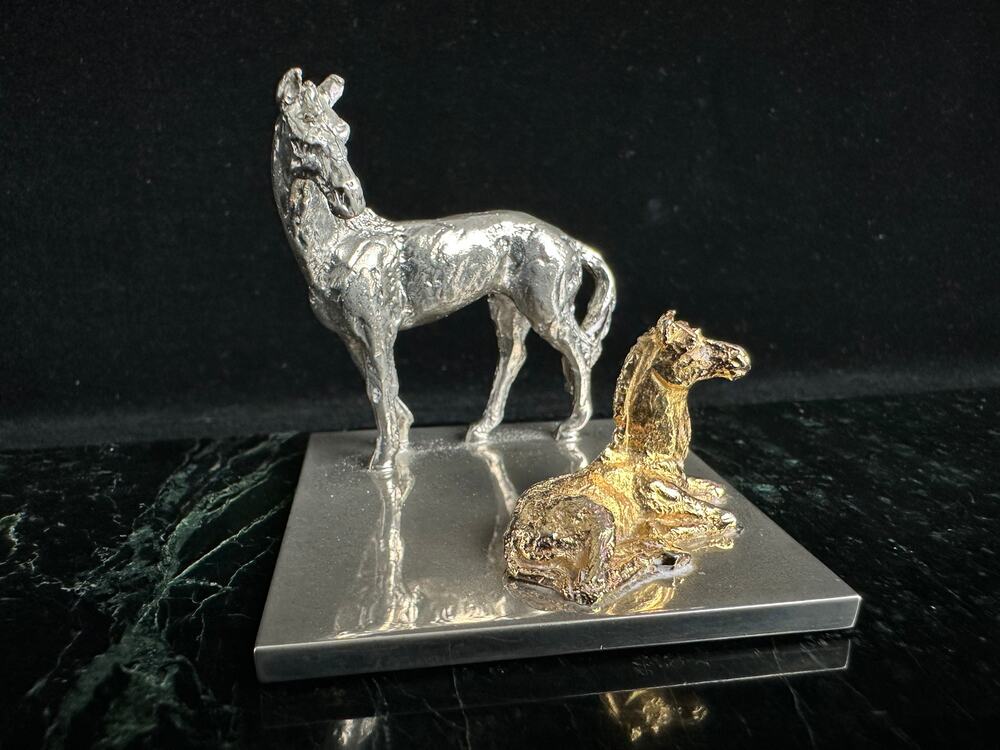 Silver and Gold-Tone Horse and Foal Figurine on Base